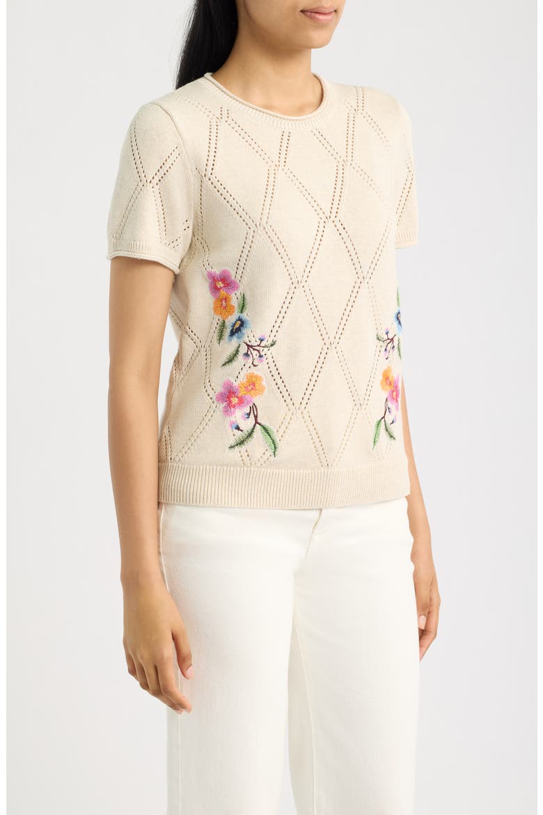 Diamond Stitch Floral Embroidered Sweater, Alternate, color, COCONUT HEATHER