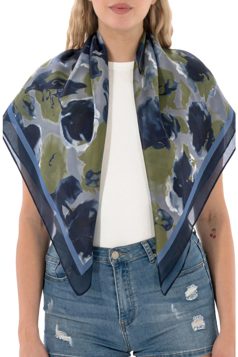 Floral Satin Square Scarf, Main, color, BLUE