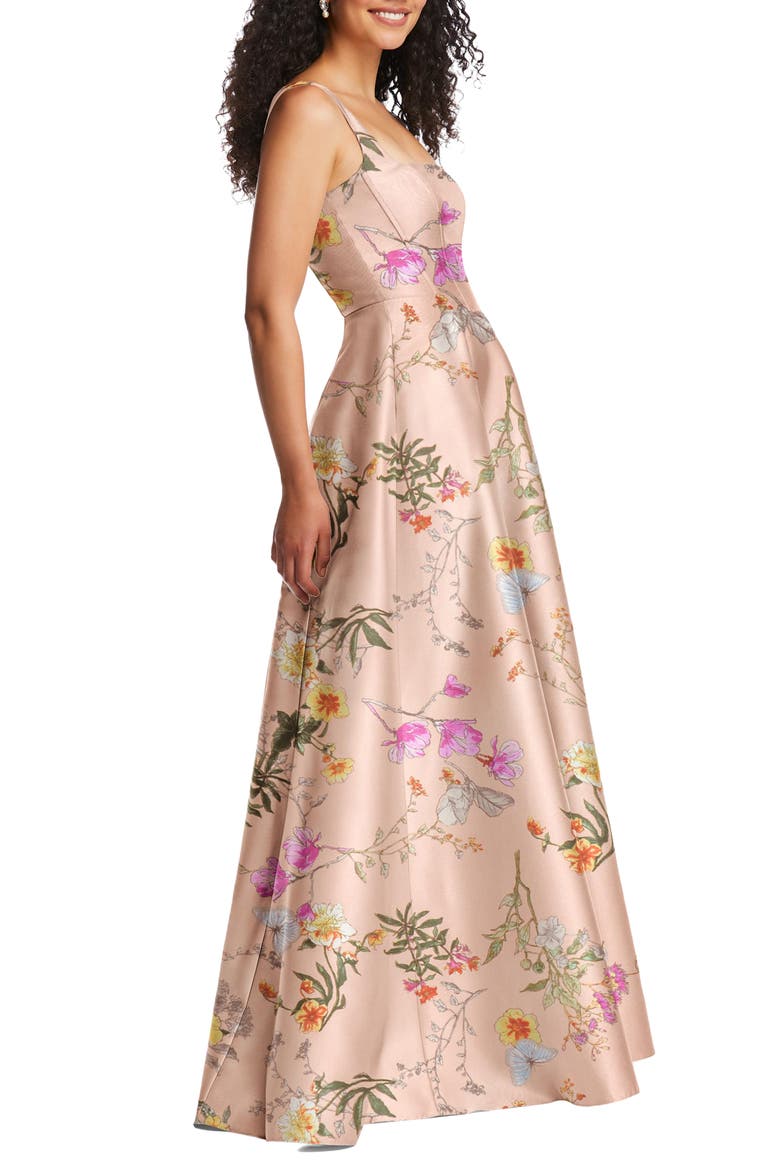 Floral Corset Satin Gown, Alternate, color, BUTTERFLY BOTANICA-PINK SAND