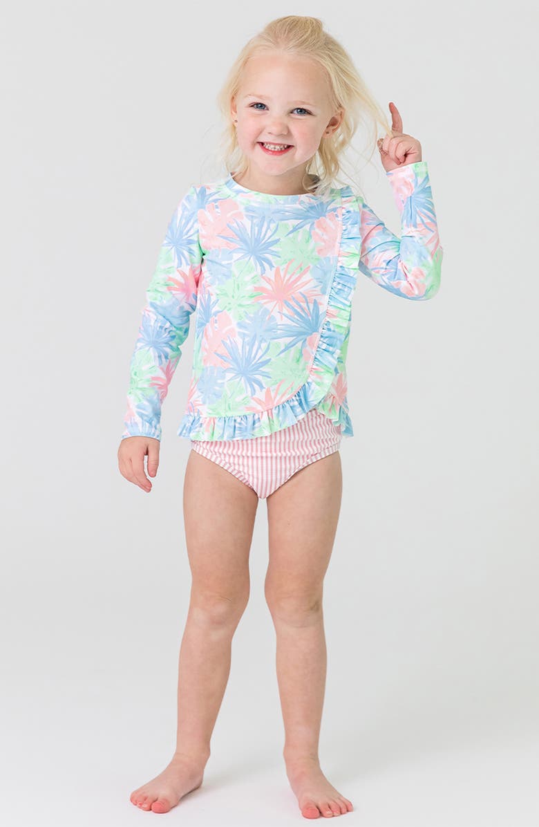RuffleButts Pastel Palms Ruffle Long Sleeve Two-Piece Rashguard Swimsuit & Hat Set, Alternate, color, 