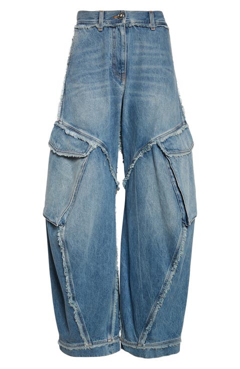 Frayed Raw Cut Wide Leg Cargo Jeans