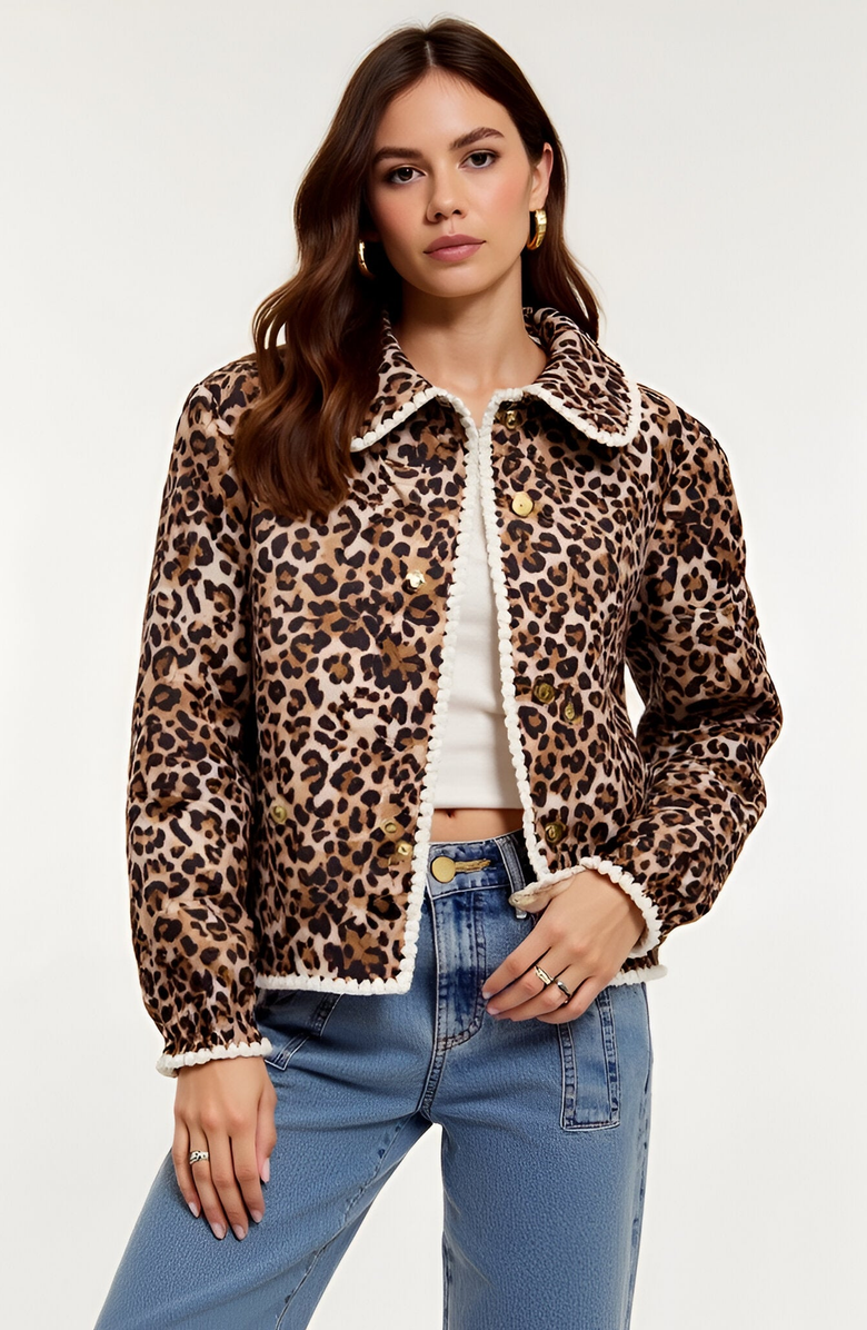 Modenaire Leopard Print Button-Front Contrast Trim and Collar Jacket, Main, color, Leopard Print