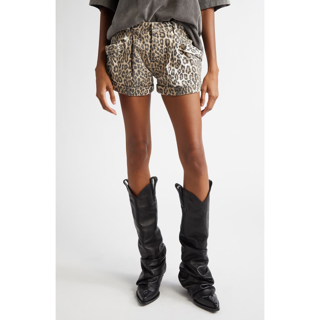R13 Leopard Print Pleated Pouch Pocket Denim Shorts In Ecru Leopard