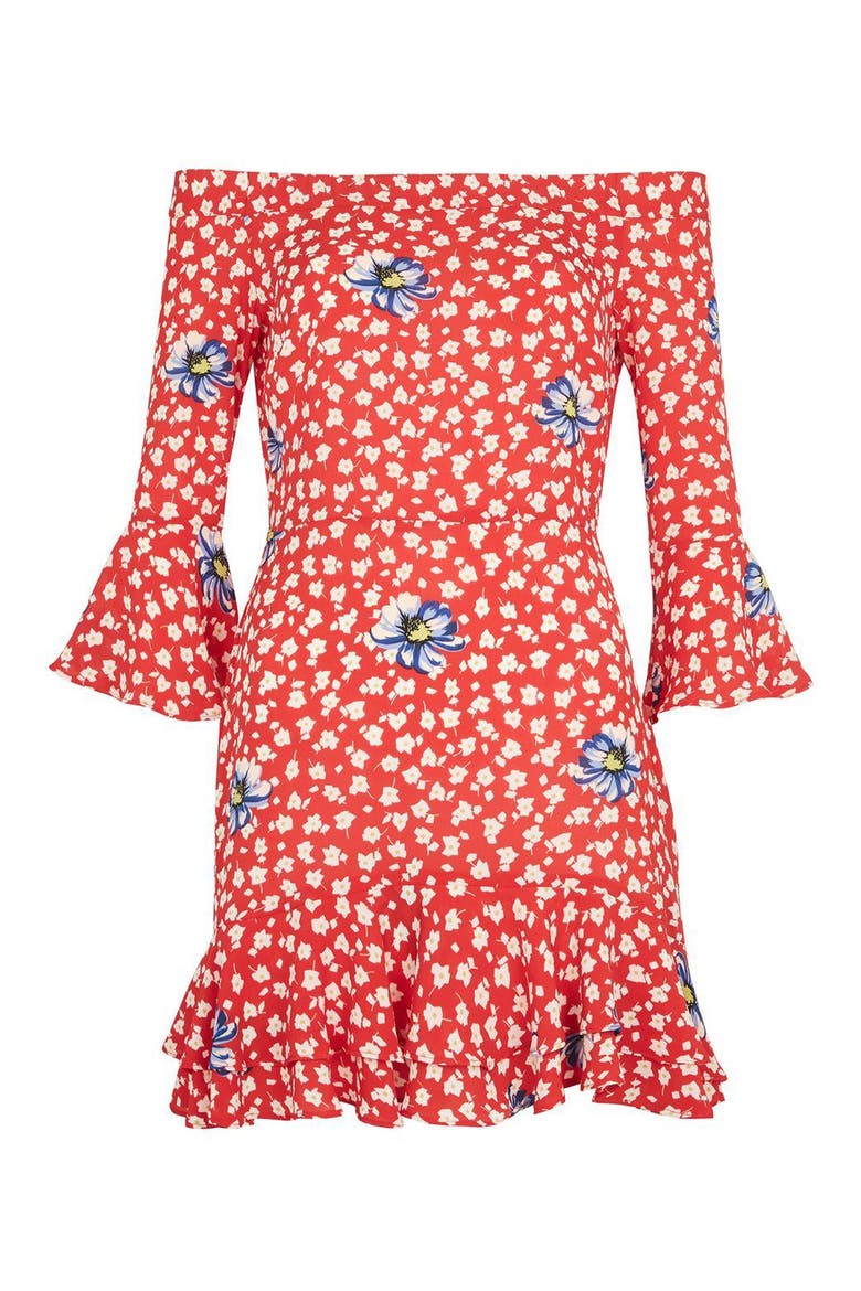 Bardot Floral Ruffle Dress, Alternate, color, RED MULTI
