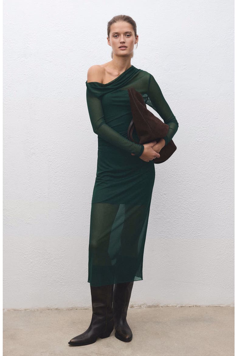 Aitana Asymmetric Neck Semisheer Midi Dress, Alternate, color, GREEN