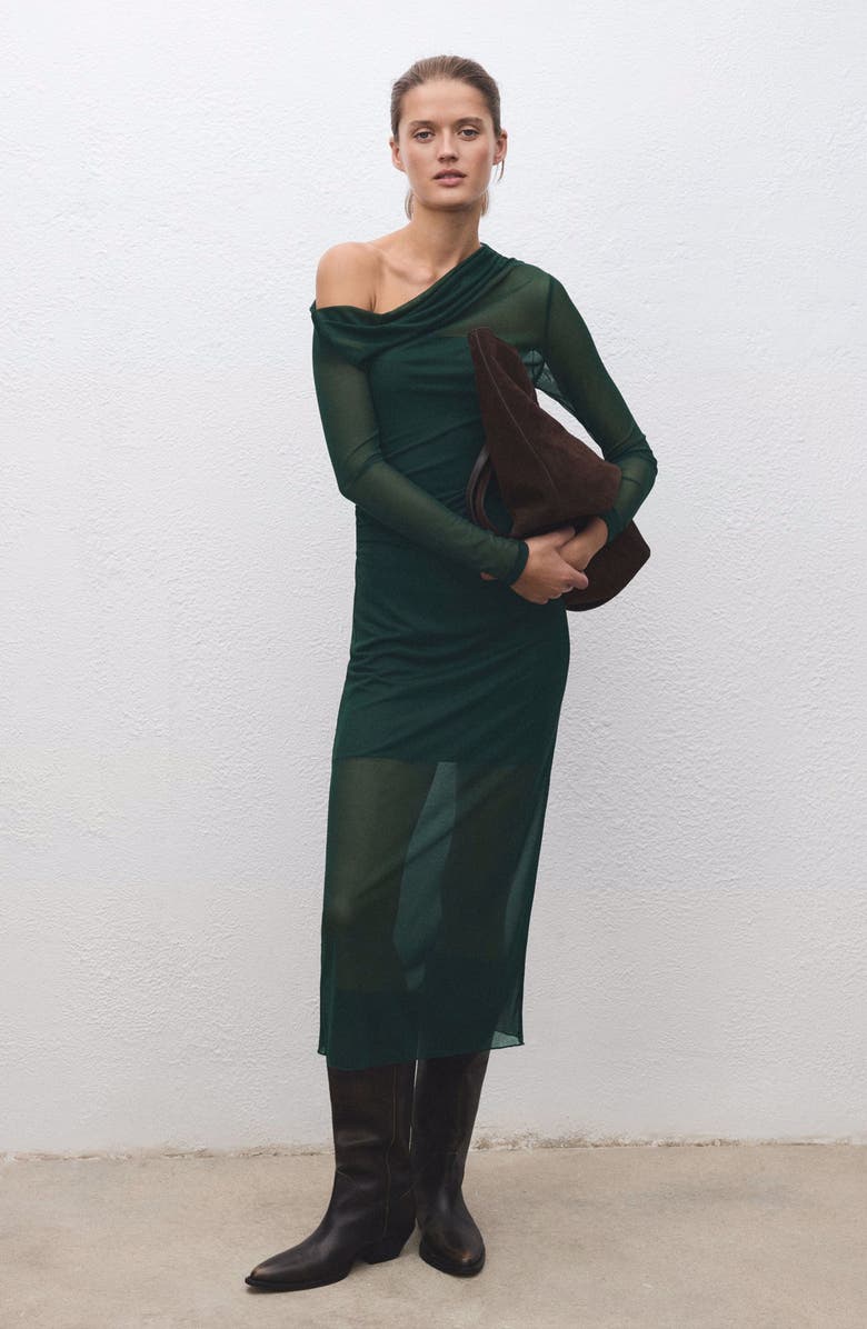 MANGO Aitana Asymmetric Neck Semisheer Midi Dress, Alternate, color, Green