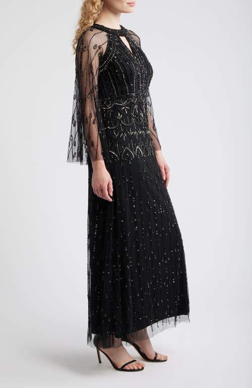 Pisarro Nights Illusion Long Sleeve Beaded A-line Gown In Black