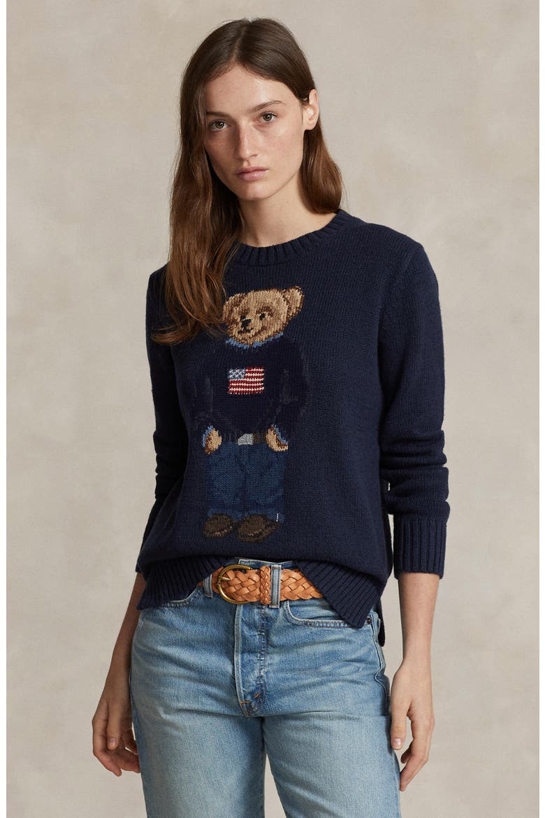 Bear Graphic Cotton & Linen Crewneck Sweater, Alternate, color, NAVY MULTI