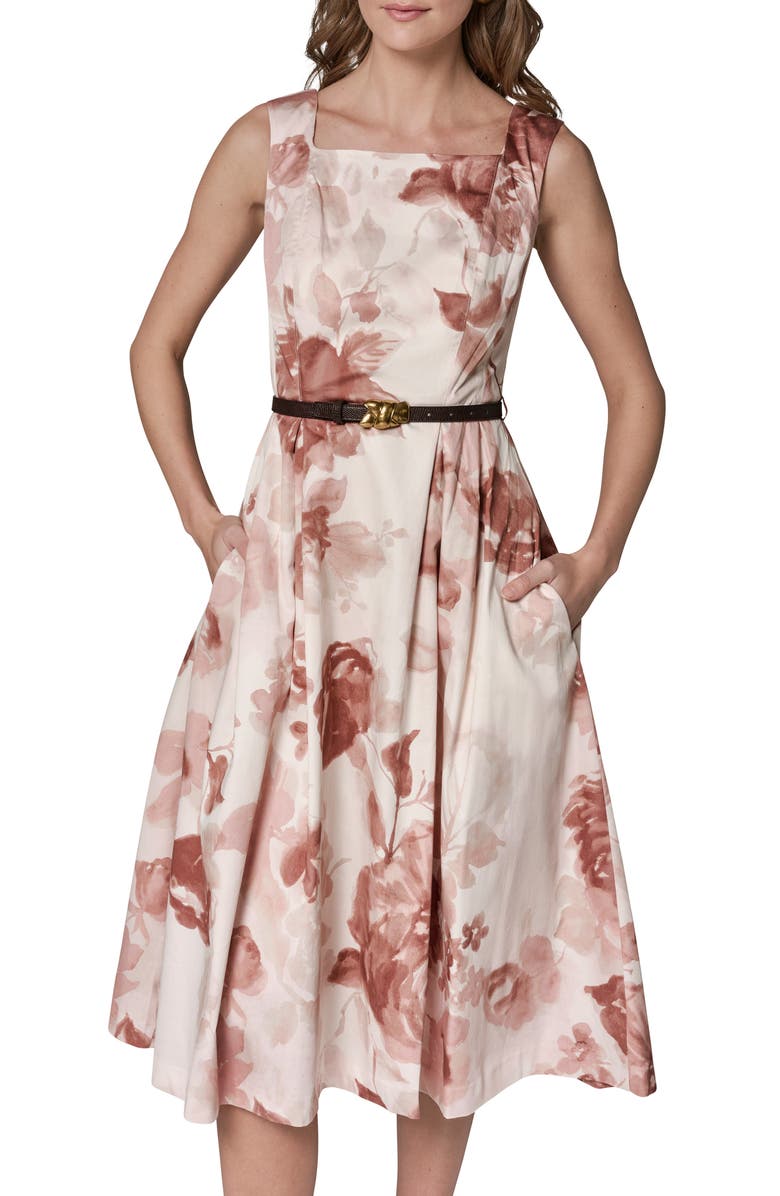 Donna Karan New York Floral Belted Stretch Cotton Dress, Alternate, color, Snow Petal Multi