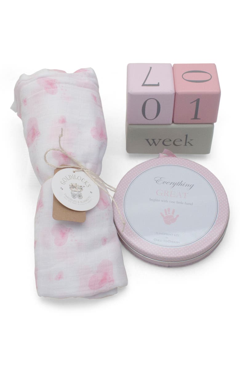 Child to Cherish Pink Heart Goldilocks Swaddle, Handprint & Photo Block Gift Set, Main, color, 