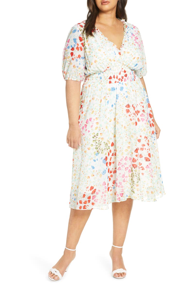Maison Tara Smocked Floral Clip Dot Chiffon Dress, Main, color,