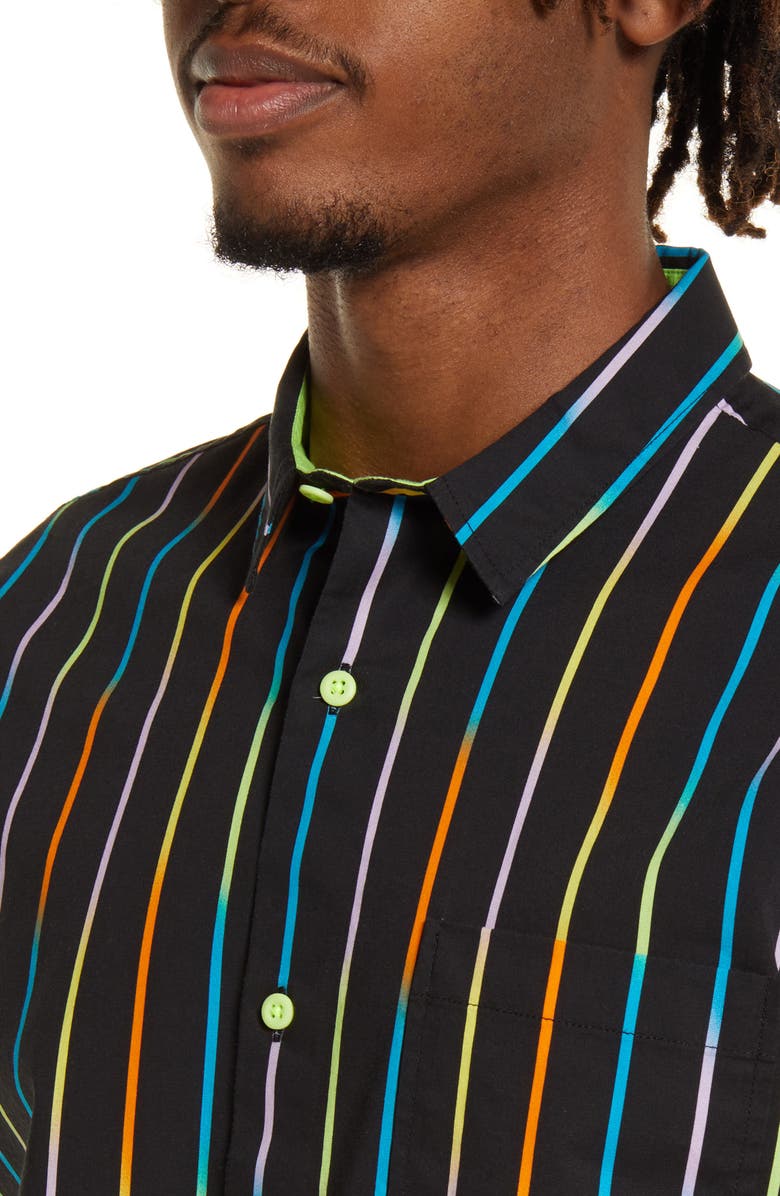 BP. Be Proud Pride Gender Inclusive Stripe Short Sleeve Button-Up Shirt, Alternate, color,