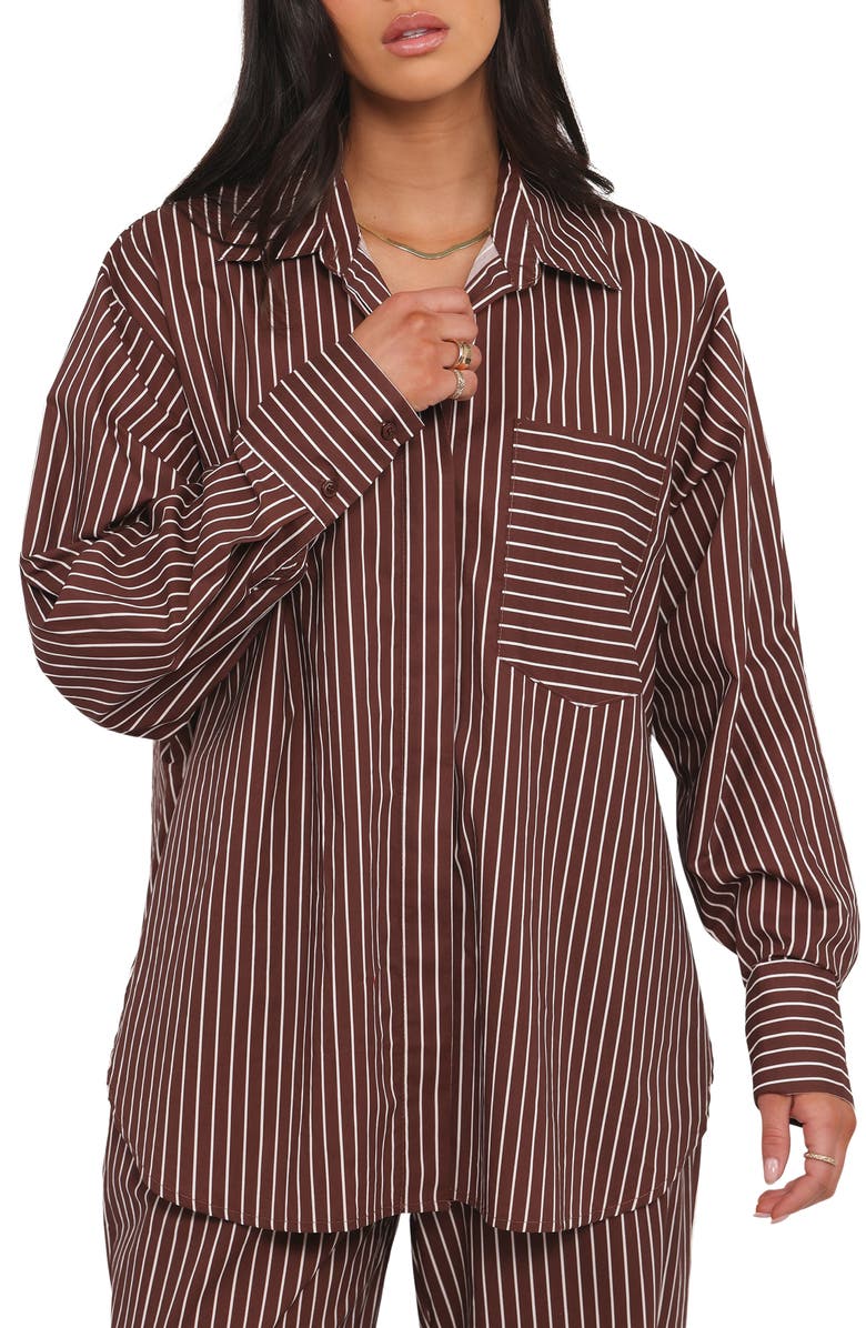 Petal & Pup Darya Stripe Oversize Cotton Button-Up Shirt, Main, color, Chocolate Stripe