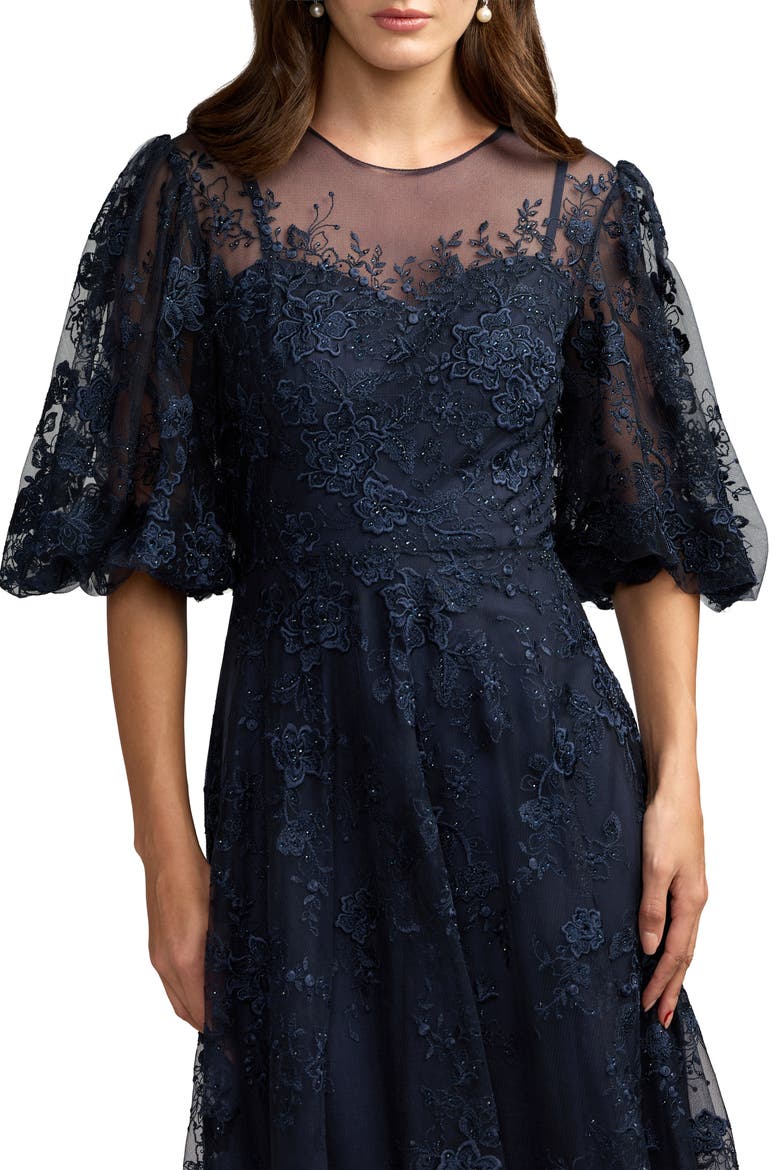 Embroidered Illusion Neck Puff Sleeve A-Line Gown, Alternate, color, Midnight