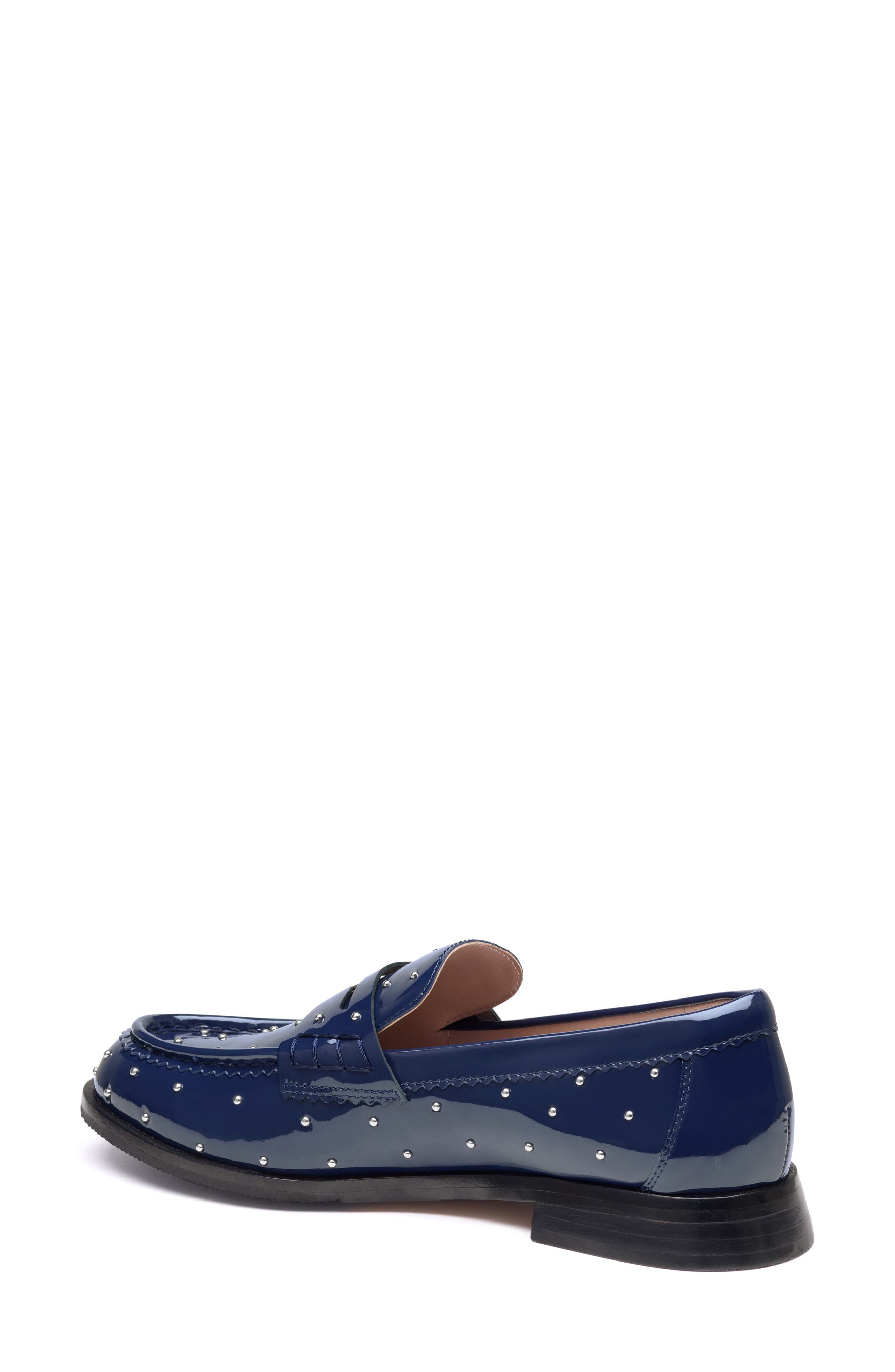 Gillian Studded Patent Leather Penny Loafer, Alternate, color, NAVY PATENT LEATHER
