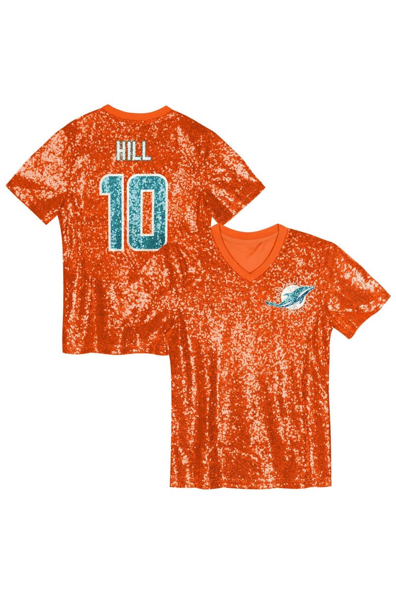 Girls Youth Tyreek Hill Orange Miami Dolphins Sequin V-Neck Fashion Jersey, Main, color, Orange