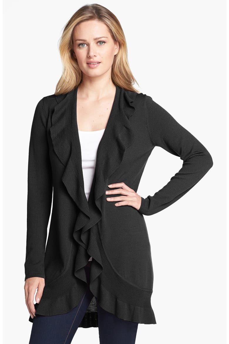 Ruffle Front Merino Wool Cardigan, Main, color, BLACK