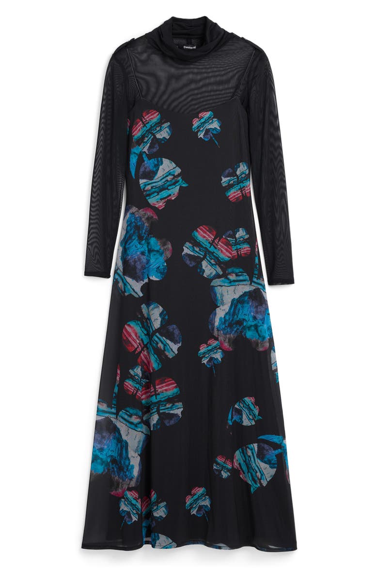 Long Sleeve Floral Print Dress, Alternate, color, BLACK