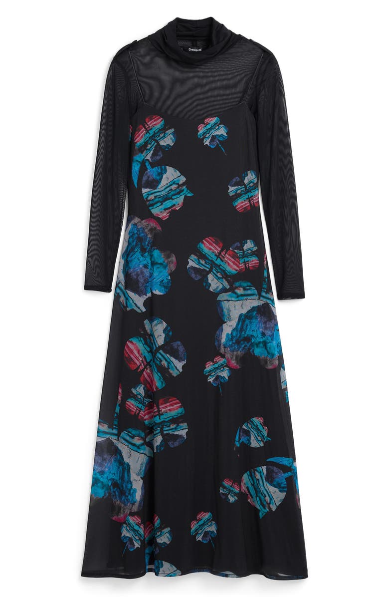 Desigual Long Sleeve Floral Print Dress, Alternate, color, Black