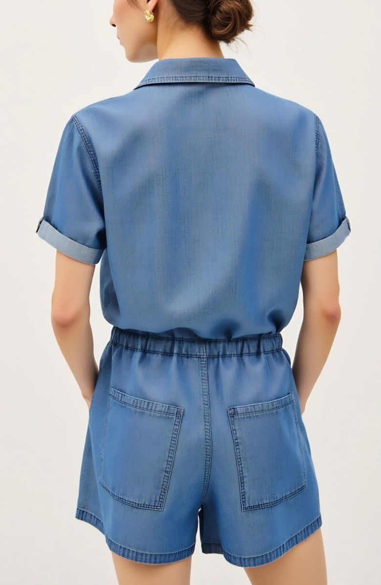 Modenaire Utility Button-Up Denim Romper with Pockets and Drawstring Waist, Alternate, color, Denim Blue