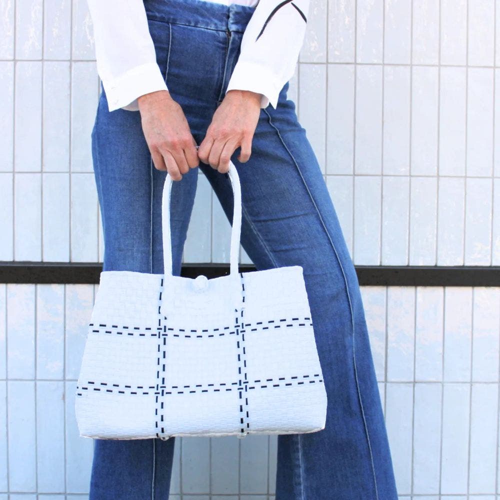 Sarah Stewart The Midi Piper Handwoven Tote Recycled Plastic, Alternate, color, White Checker