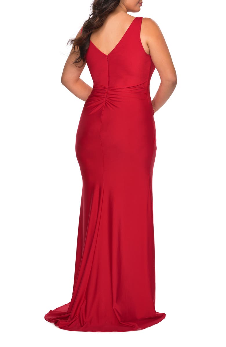 La Femme Sequin Plus Size Dress with Off the Shoulder Detail, Alternate, color, Red