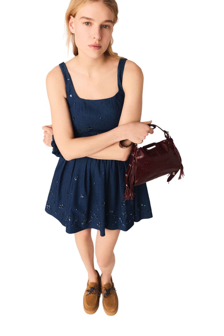 Flared embroidered denim dress, Alternate, color, Navy