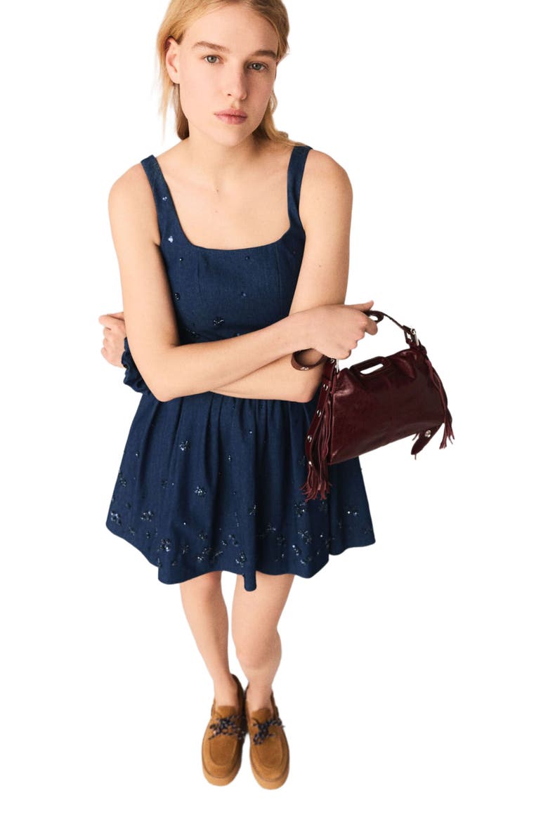 maje Flared embroidered denim dress, Alternate, color, Navy