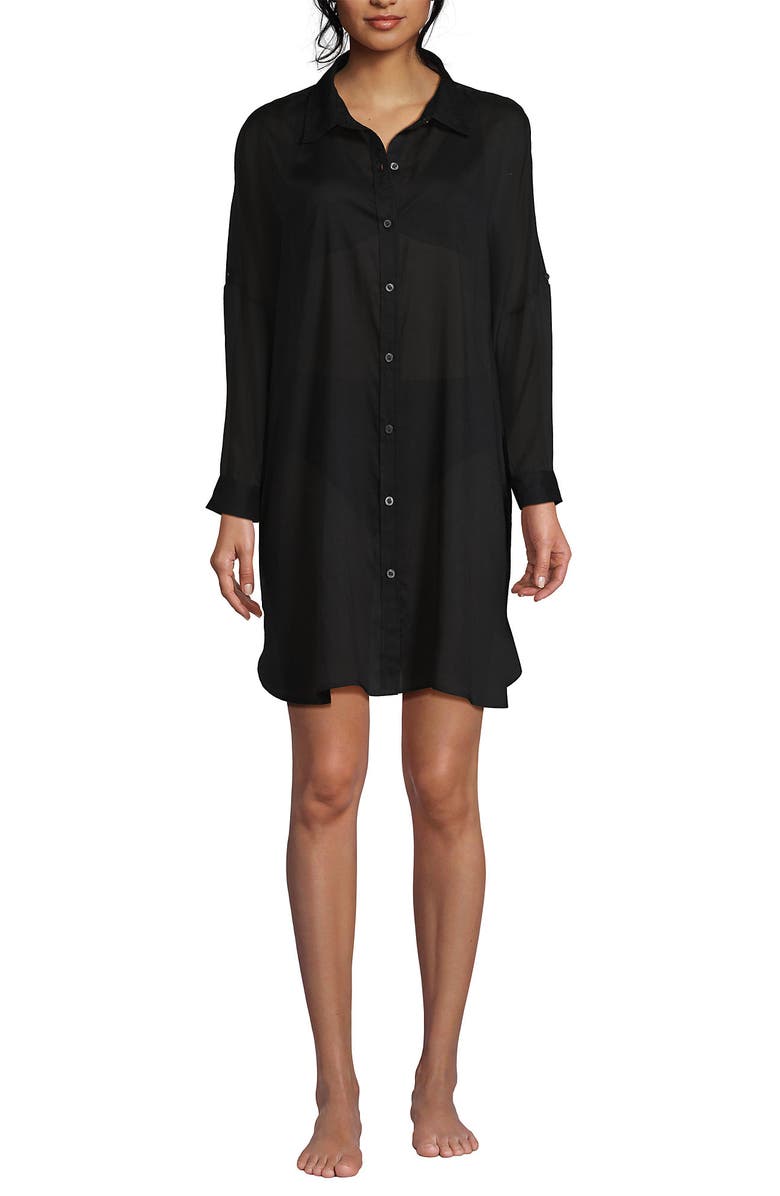 Lands' End Sheer Oversized Button Front Swim Cover-up Shirt, Main, color, Black