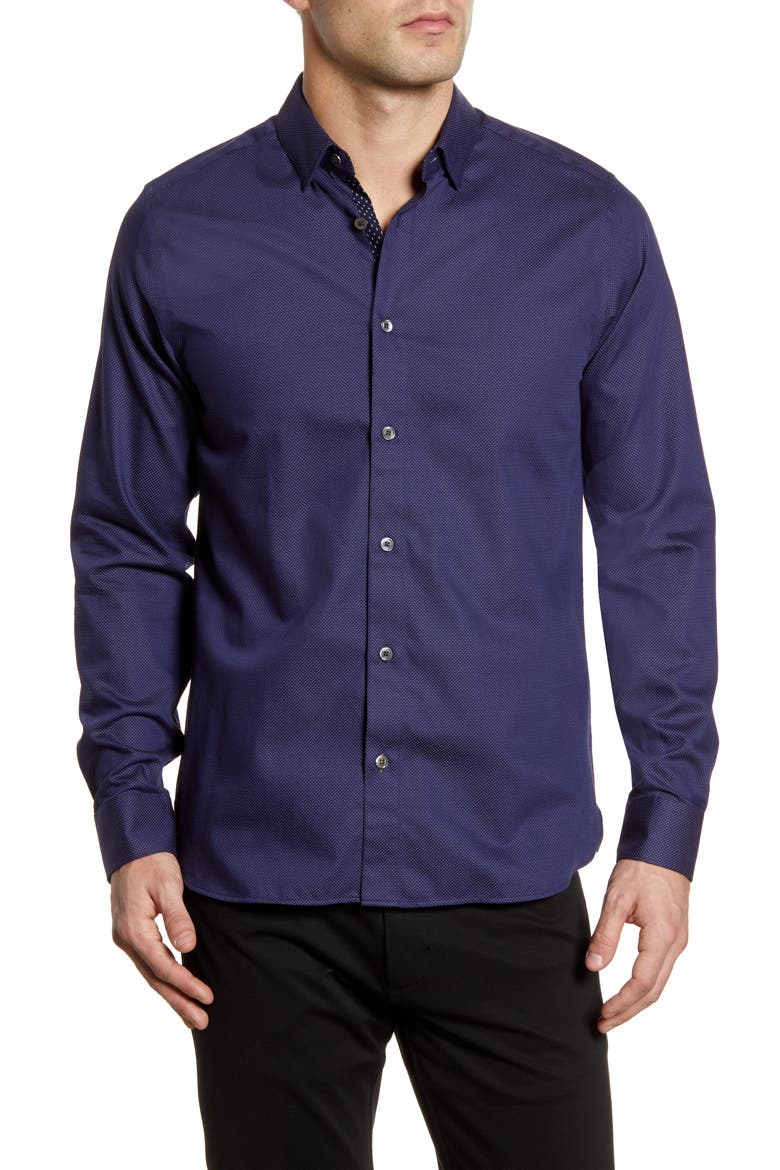 Whyme Slim Fit Dot Button-Up Shirt, Main, color, NAVY