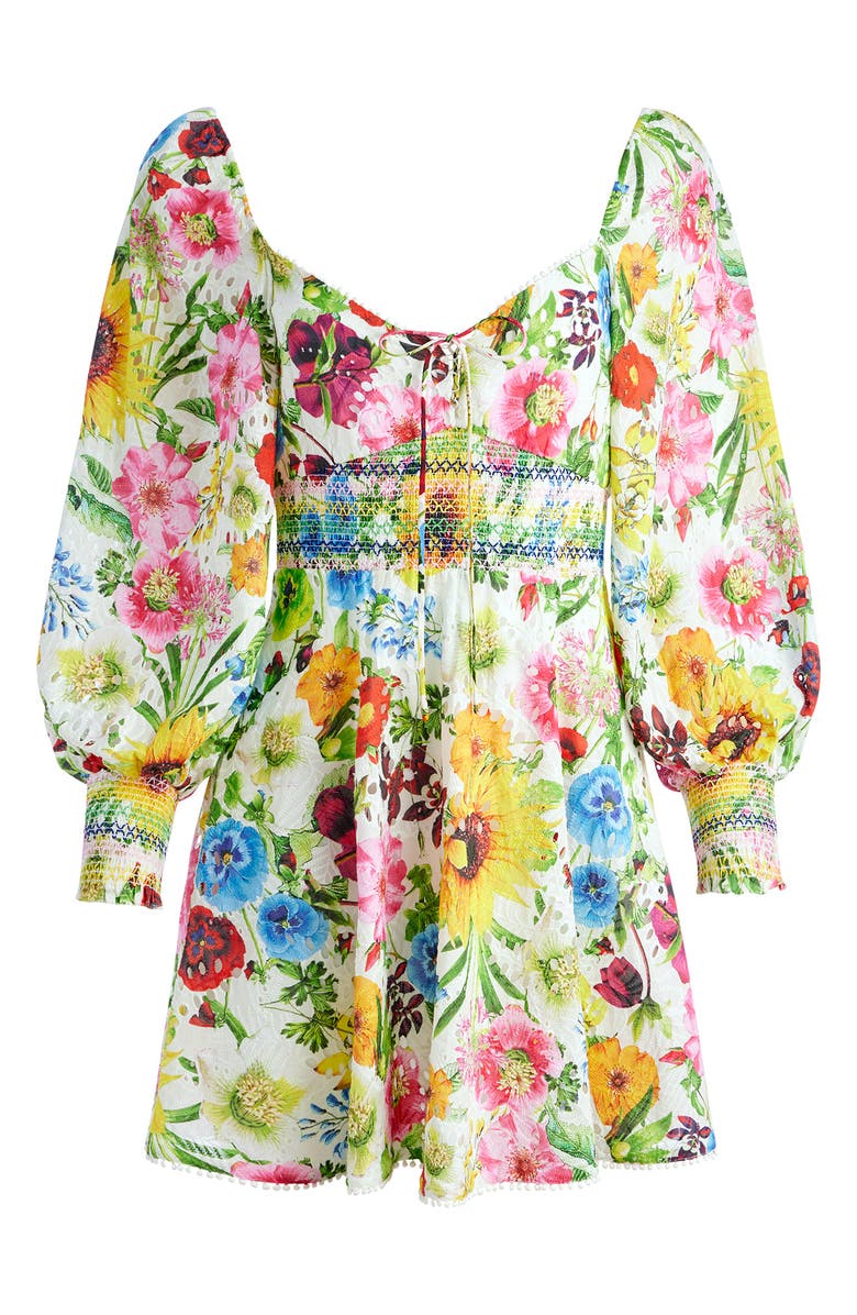 Alice + Olivia Crawford Eyelet Smocked Long Sleeve Cotton Minidress, Alternate, color, 