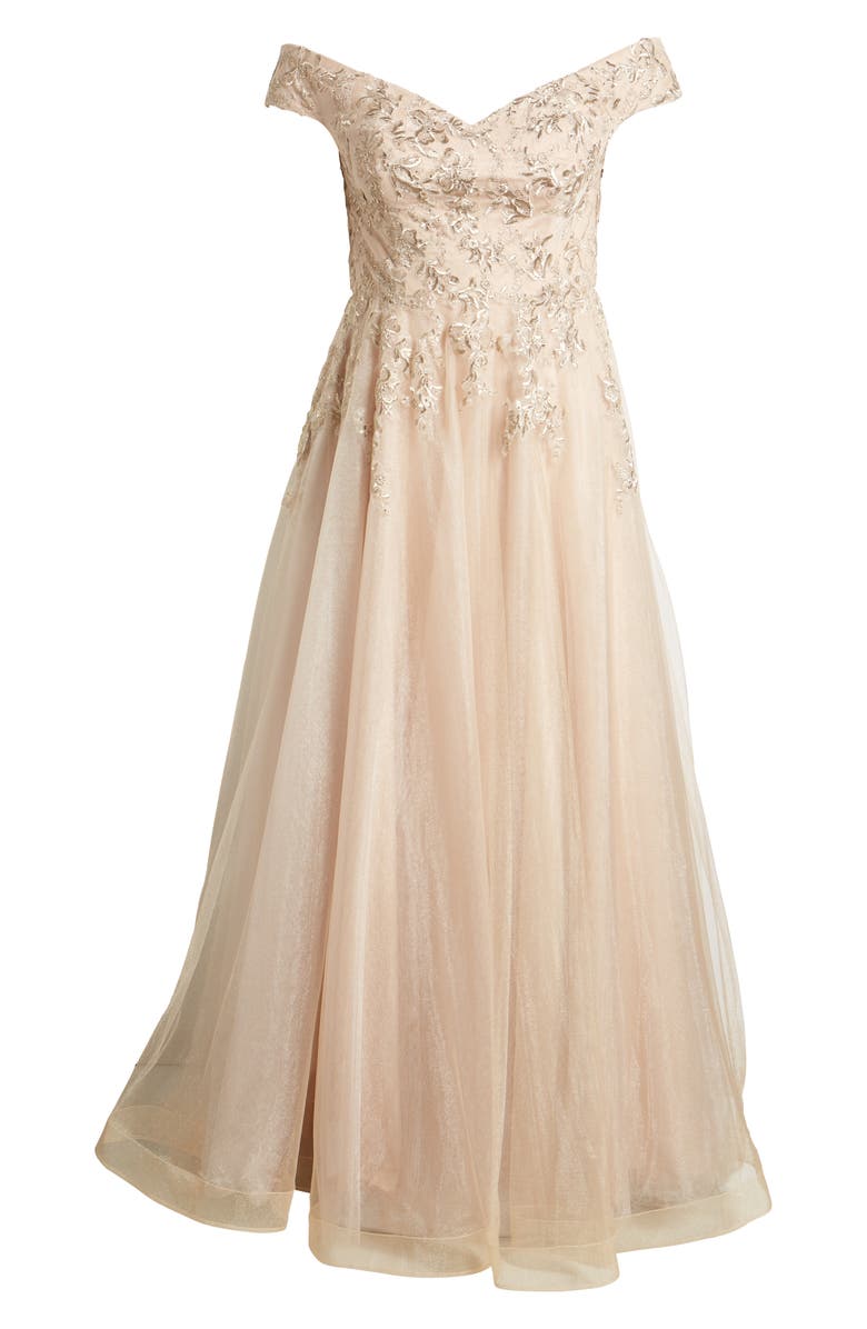 La Femme Lace & Tulle Off-Shoulder Gown, Alternate, color, 