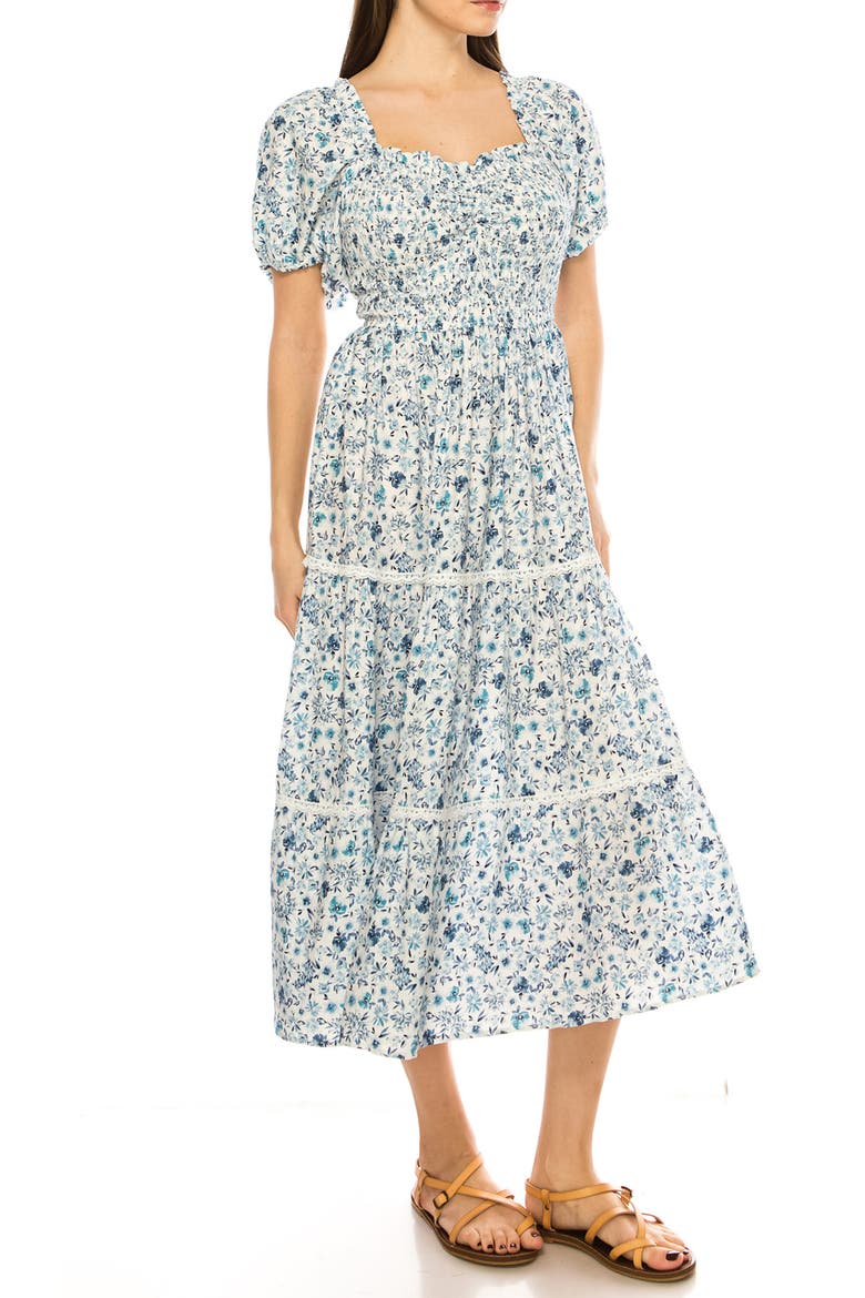 Floral Midi Dress, Alternate, color, BRIGHT WHITE/ BLUE