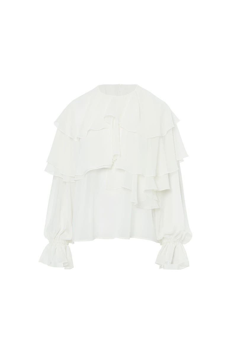 Gizia Ruffled Long-Sleeve Blouse with Elasticated Cuffs, Main, color, Beige