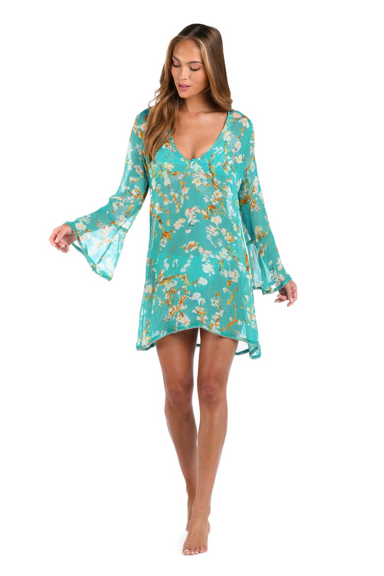 Ansley Cherry Long Sleeve Semisheer Cover-Up Dress, Alternate, color, AQUA