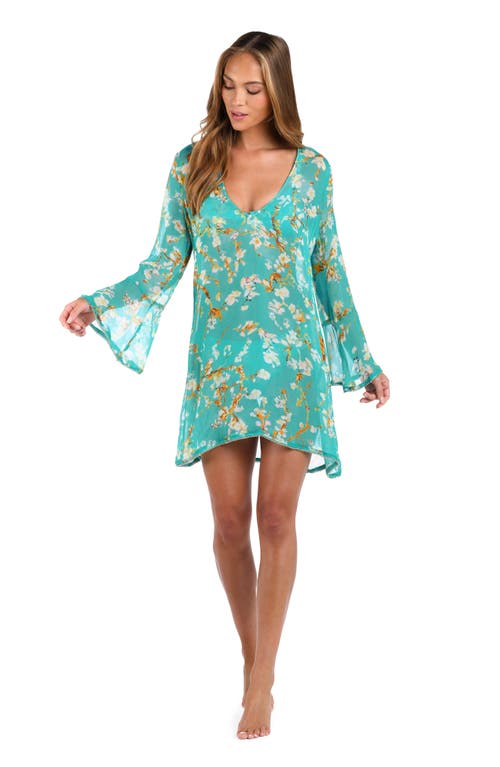 L Agence L'agence Ansley Cherry Long Sleeve Semisheer Cover-up Dress In Aqua