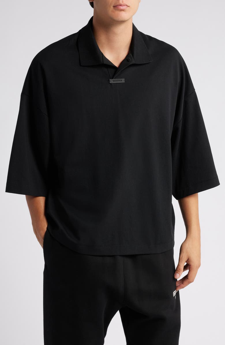 Fear of God Essentials Oversize Cotton Blend Piqué Polo, Main, color, Black