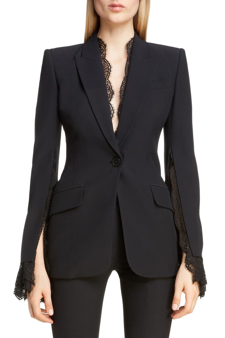 Alexander McQueen Lace Trim Blazer, Main, color, 1000 - BLACK