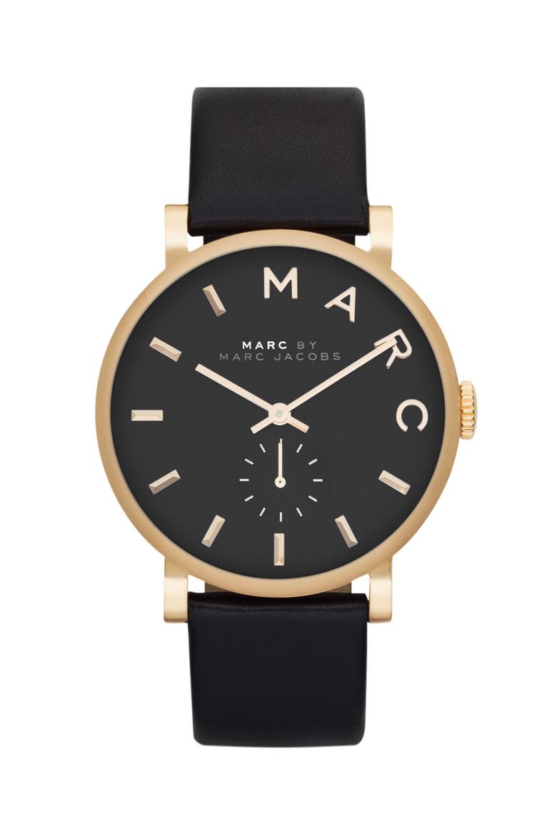 'Baker' Leather Strap Watch, 37mm, Main, color, BLACK/ GOLD