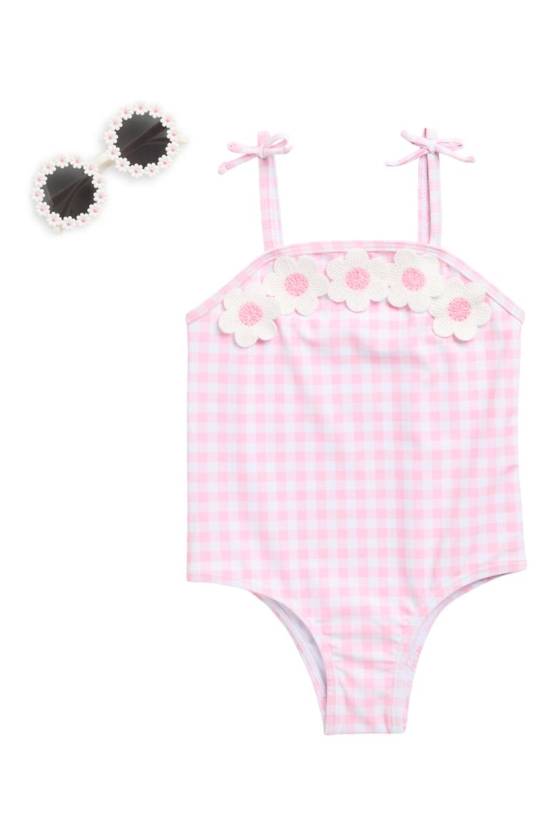 Gingham One-Piece Swimsuit & Floral Sunglasses Set, Main, color, ORCHID PINK