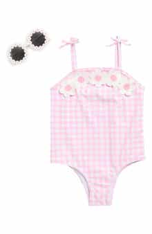 Nicole Miller Kids' Floral Appliqué Gingham One-Piece Swimsuit & Sunglasses Set