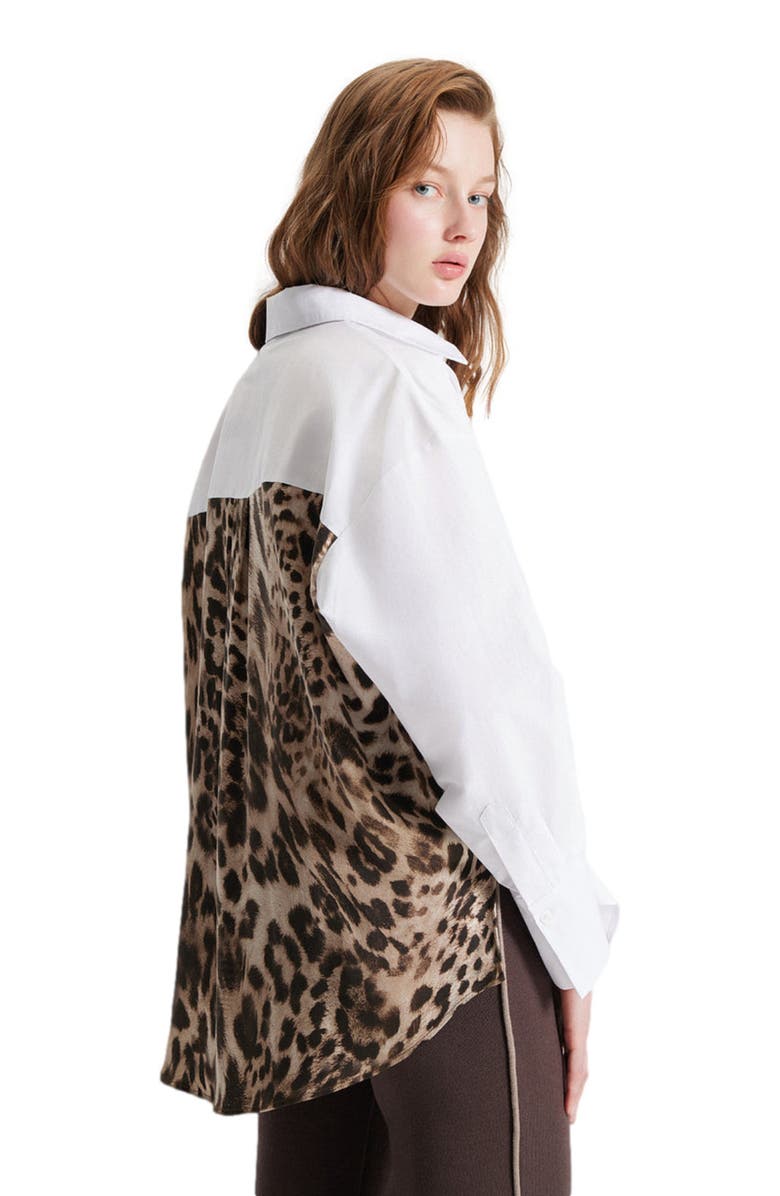 THEO The Label Echo Print Back Banker Shirt, Alternate, color, White/Leopard