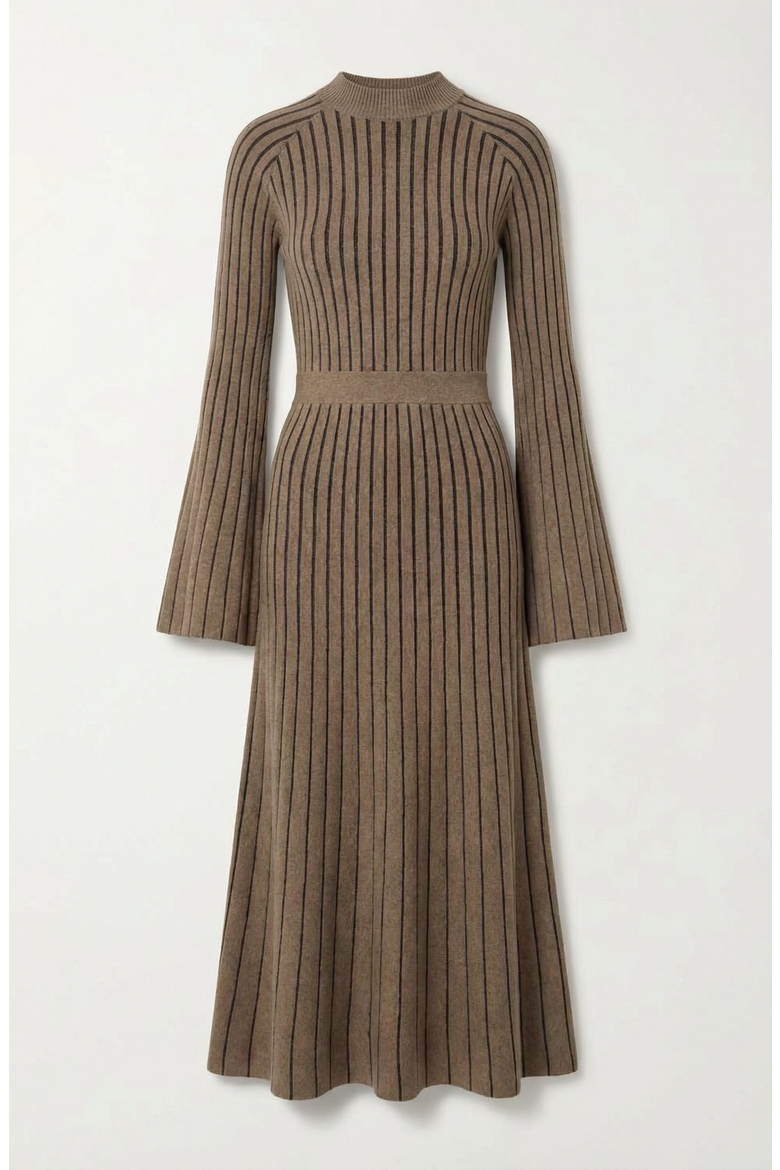 Ribbed Knit Long Sleeve Maxi Dress with Flared Cuffs and Fit-and-Flare, Alternate, color, Brown