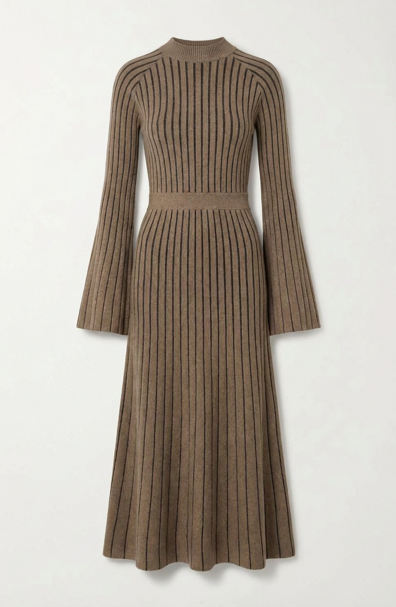 Modenaire Ribbed Knit Long Sleeve Maxi Dress with Flared Cuffs and Fit-and-Flare, Alternate, color, Brown