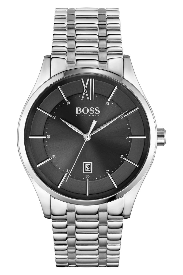 Distinction Bracelet Watch, 43mm, Main, color, SILVER/ BLACK/ SILVER