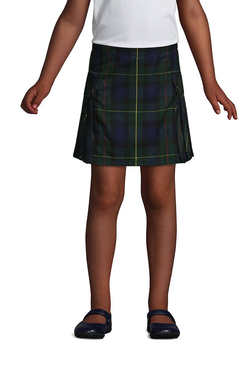 School Uniform Girls Slim Side Pleat Plaid Skort Above Knee, Main, color, Hunter/Classic Navy Plaid