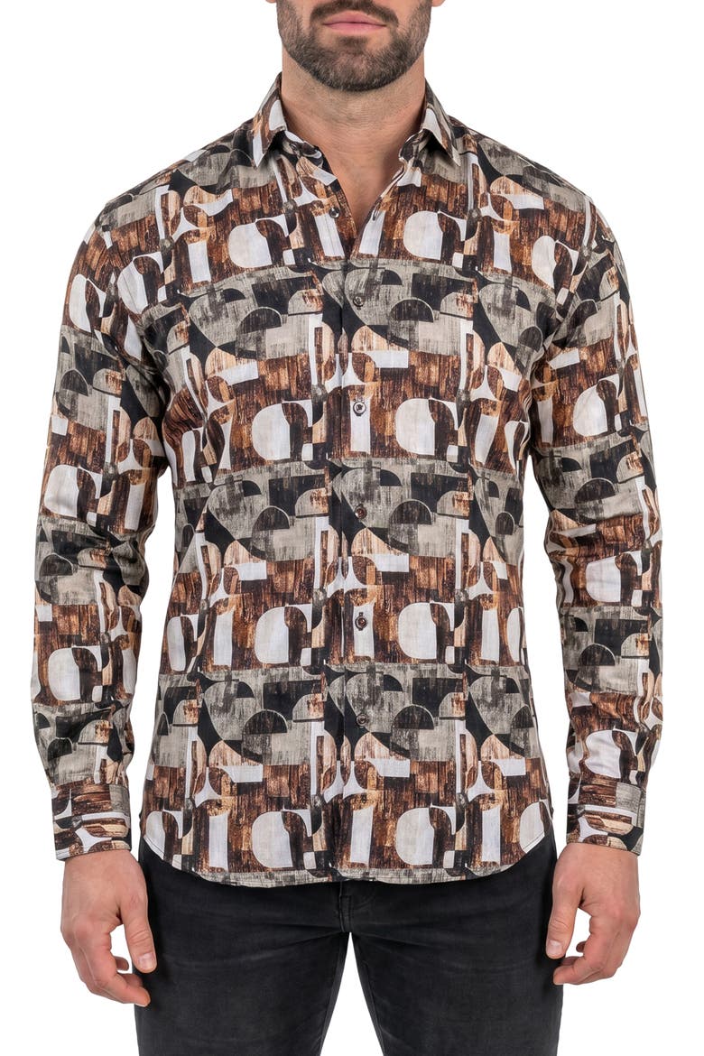 Fibonacci Contemporary Fit Button-Up Shirt, Main, color, BROWN