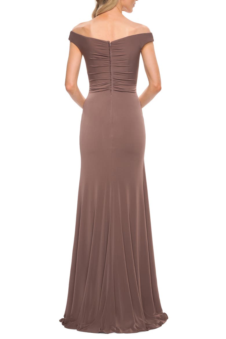 Off the Shoulder Ruched Jersey Gown, Alternate, color, COCOA