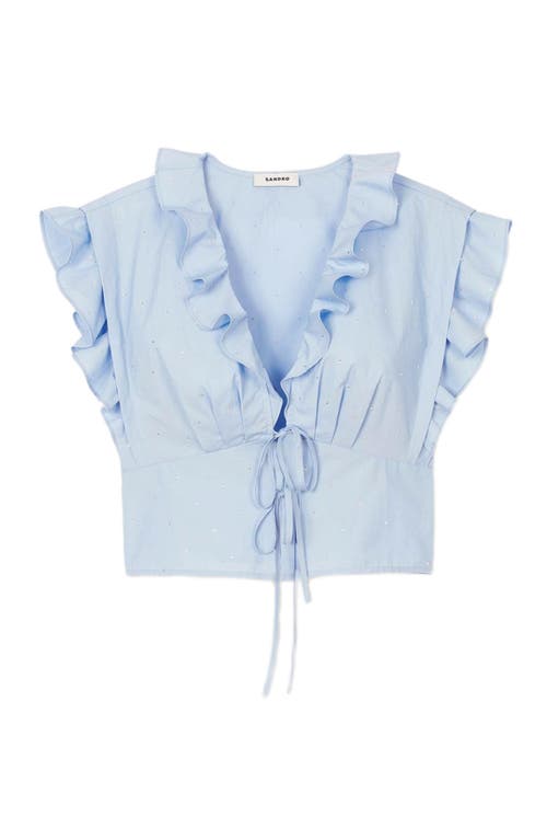 Sandro Womens Bleus Rhinestone-embellished Ruffled-trim Cotton Top In Sky Blue