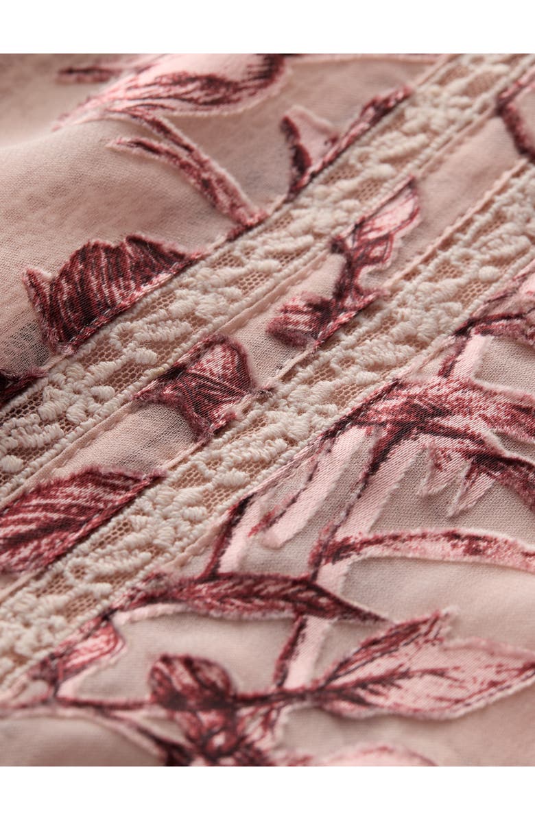 Alice + Olivia Arlette Lace Trim Floral Satin Burnout Shirt, Alternate, color, Mystic Garden English Rose